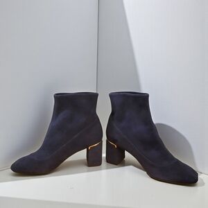 Cole Haan Navy Suede Block Heel Ankle Boots with Gold Accent